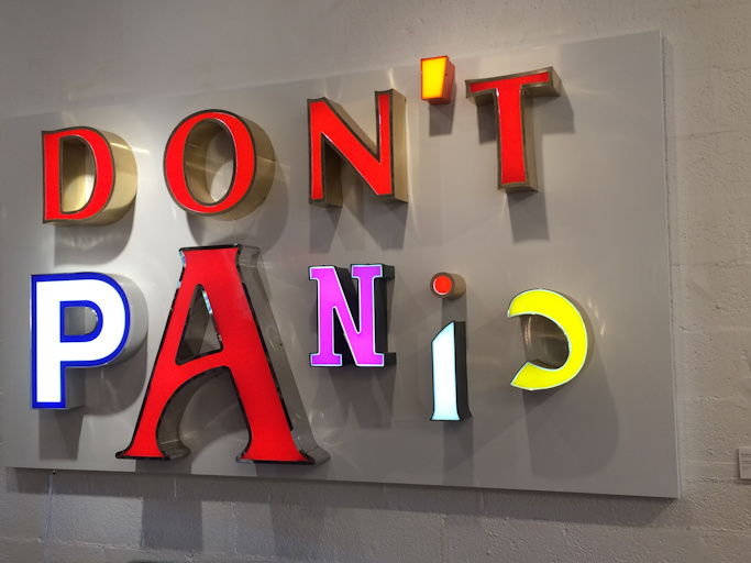 Art installation reading Don't Panic